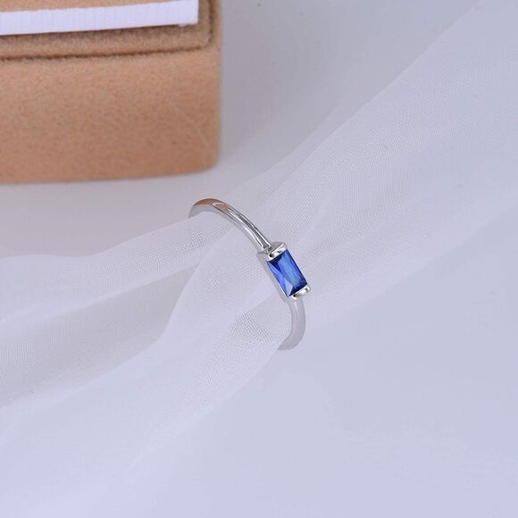 Sterling Silver Baguette Ring Blue CZ Dainty Minimalist Stacking Band Simple Gif - Picture 1 of 5